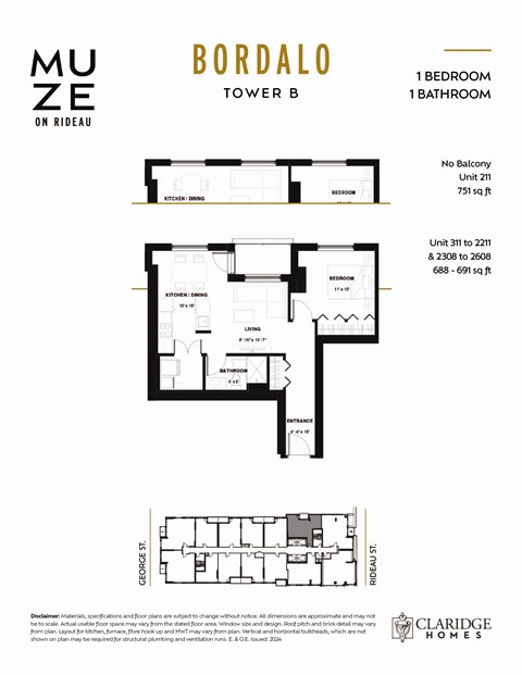 Floor plan for 1 bed, 1 bath, 691 sqft